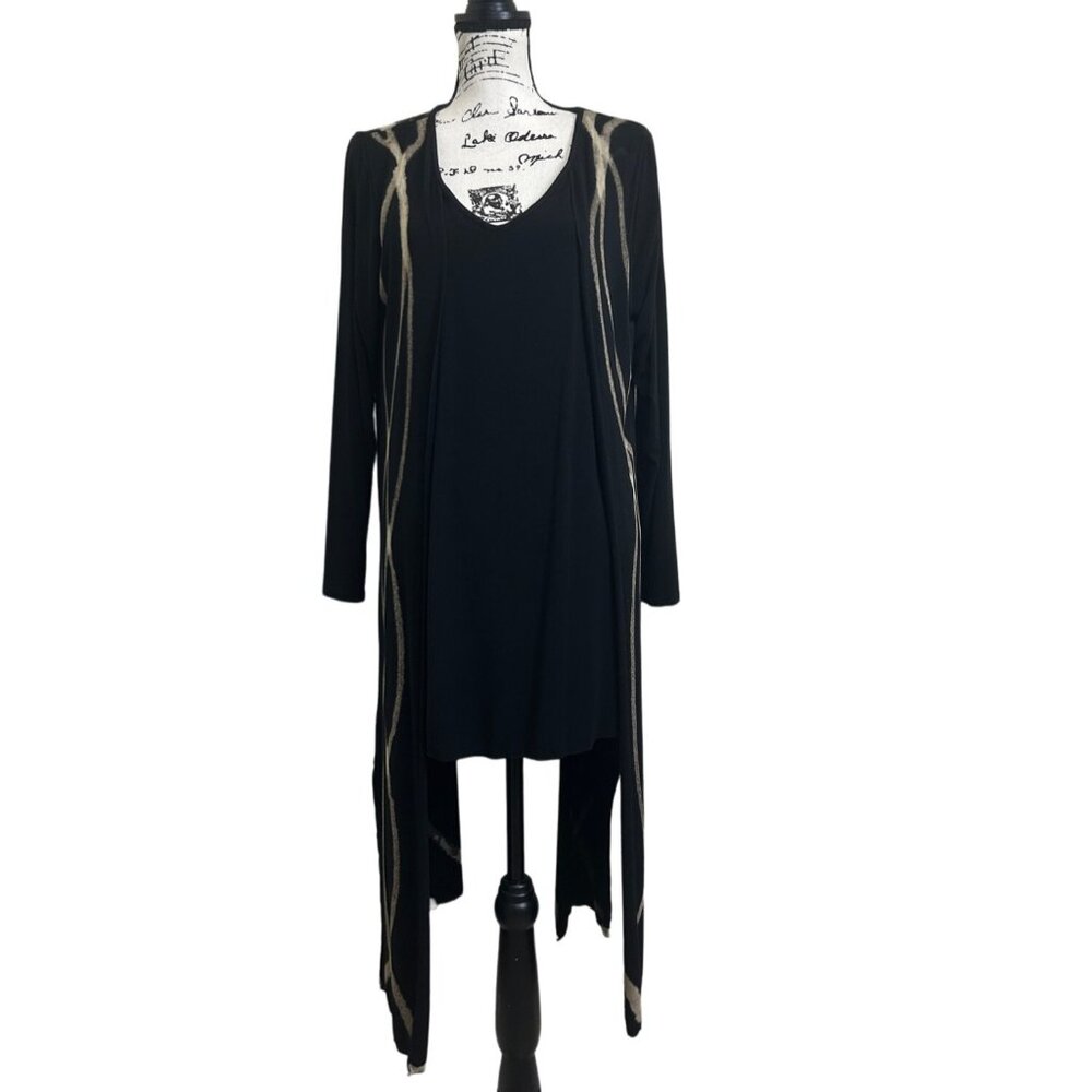 Black & Beige Long Sleeve Open Front Cardigan & Tank Set By Kleene Unlimited Siz